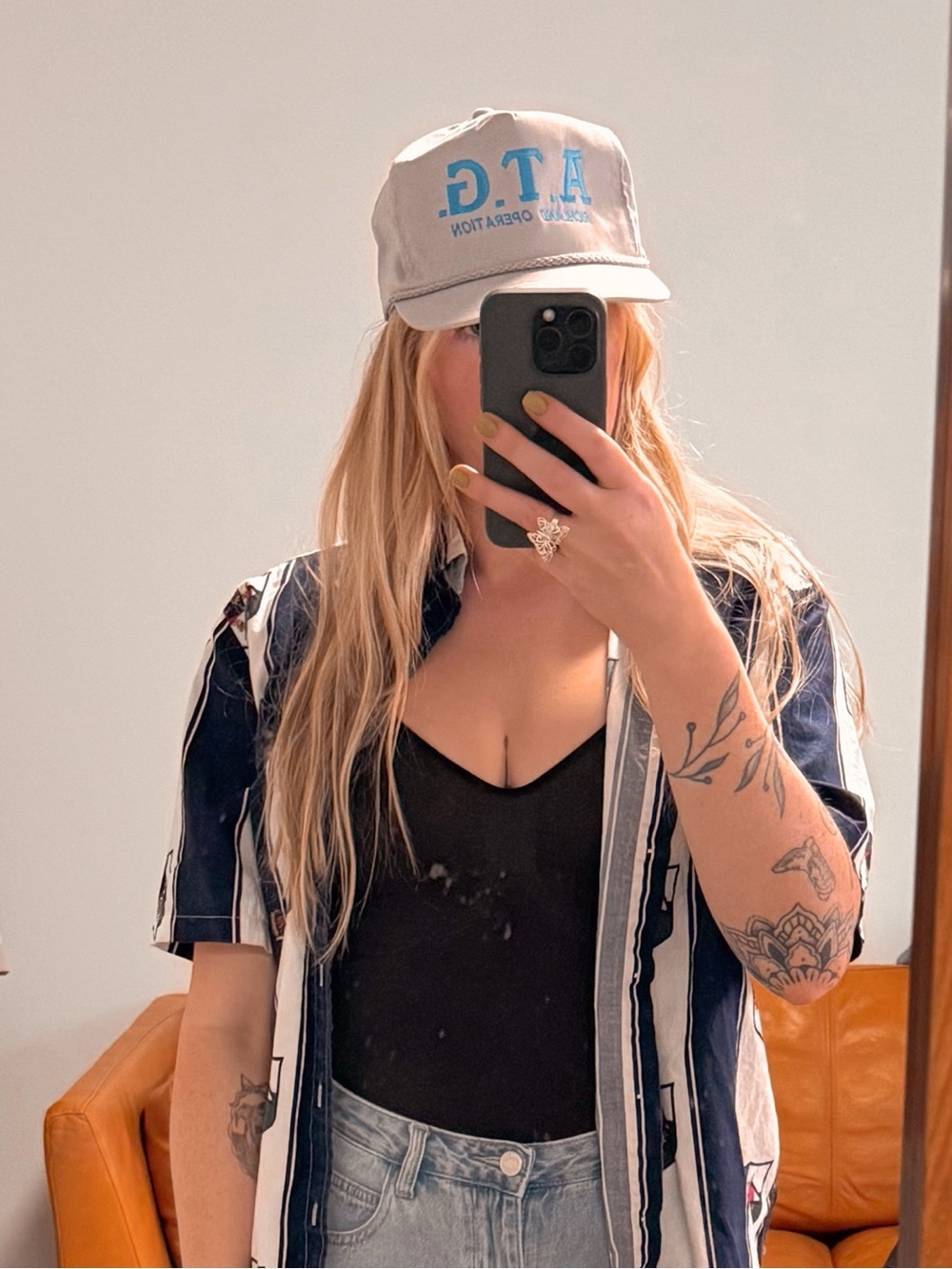 Vintage Grey Hat with Blue Embroidery